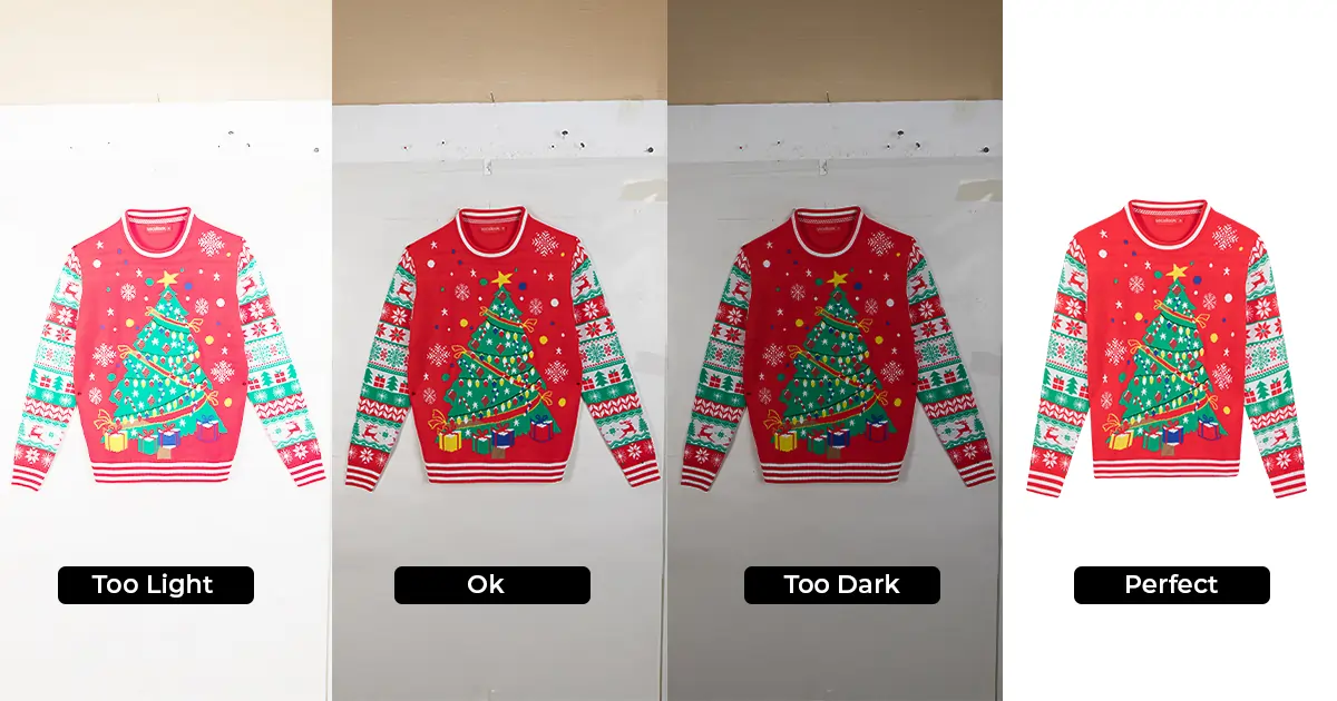 Product photography for a red Christmas 'ugly' sweater with a Christmas tree design